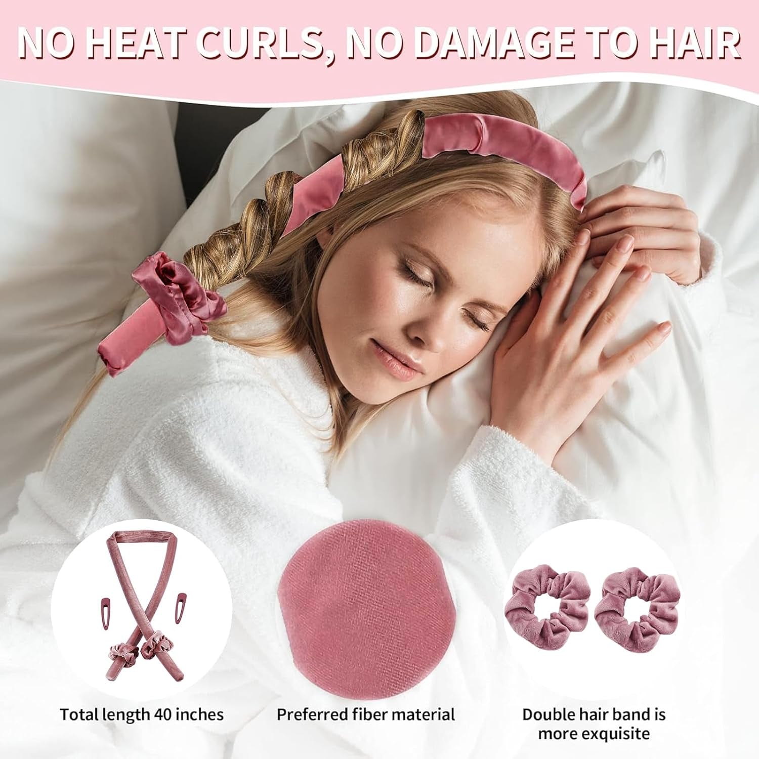 Bigoudi, Rouleau À Cheveux Sans Chaleur, Heatless Hair Curlers Velours Rouleau Cheveux Curling Rod Headband Bigoudi De Sommeil Doux, Pour Cheveux Longs Et Moyens Coiffure Bricolage (Rose)